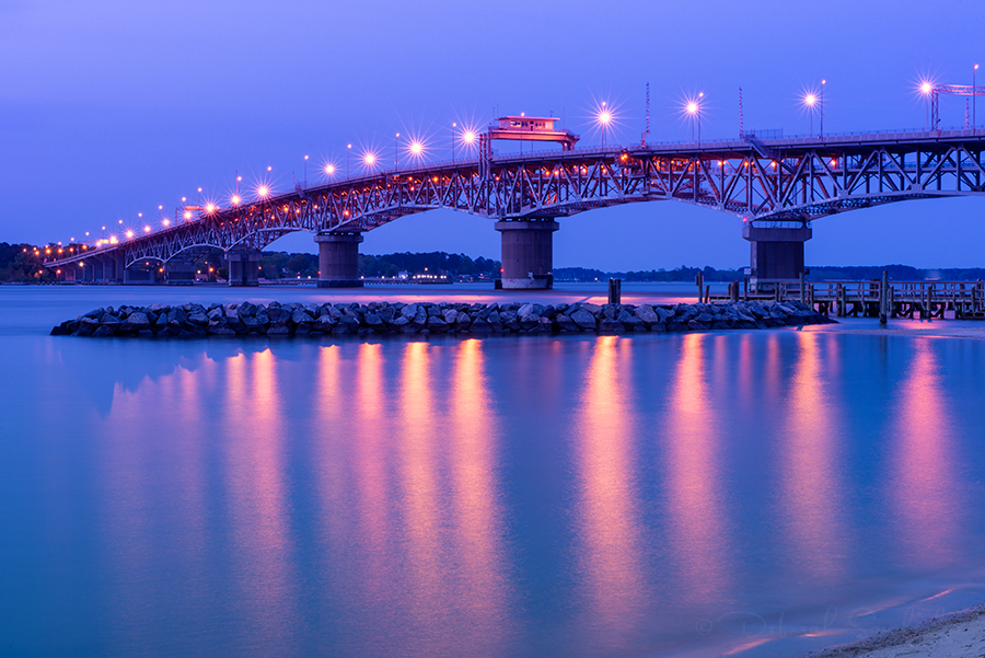 George P. Coleman bridge photographed during twilight in Yorktown, VA.