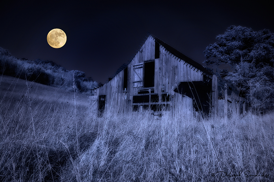 Midnight blue sky infrared photograph with the moon.